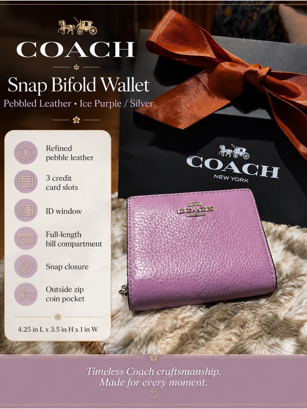 Coach Snap Bifold Wallet Ice Purple Silver C2862